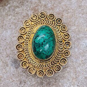 Vtg Israel Sterling Silver w/Gold Green Eliat Stone Brooch Pendant Filigree